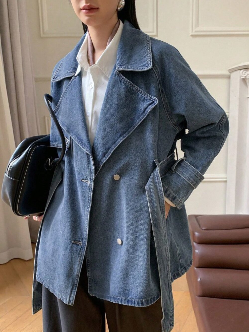 Medium Wash Casual Women's Lapel Collar Long Sleeve Cropped Denim Jacket